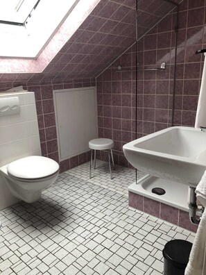 A bathroom with a toilet, a small stool, a bathtub, and a shower. - Vacation apartment type 4, 50sqm, 2 bedrooms by arrangement - Ferienhaus Irene (Vogtsburg im Kaiserstuhl)