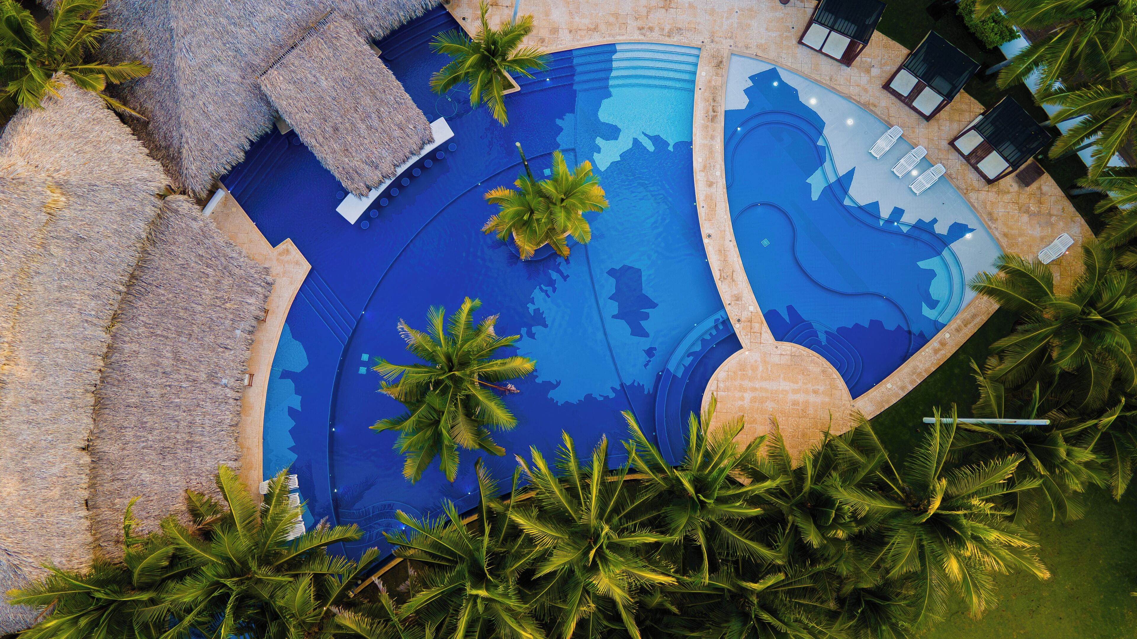 Vista aérea de una piscina con varias secciones, rodeada de palmeras y sillones de descanso.