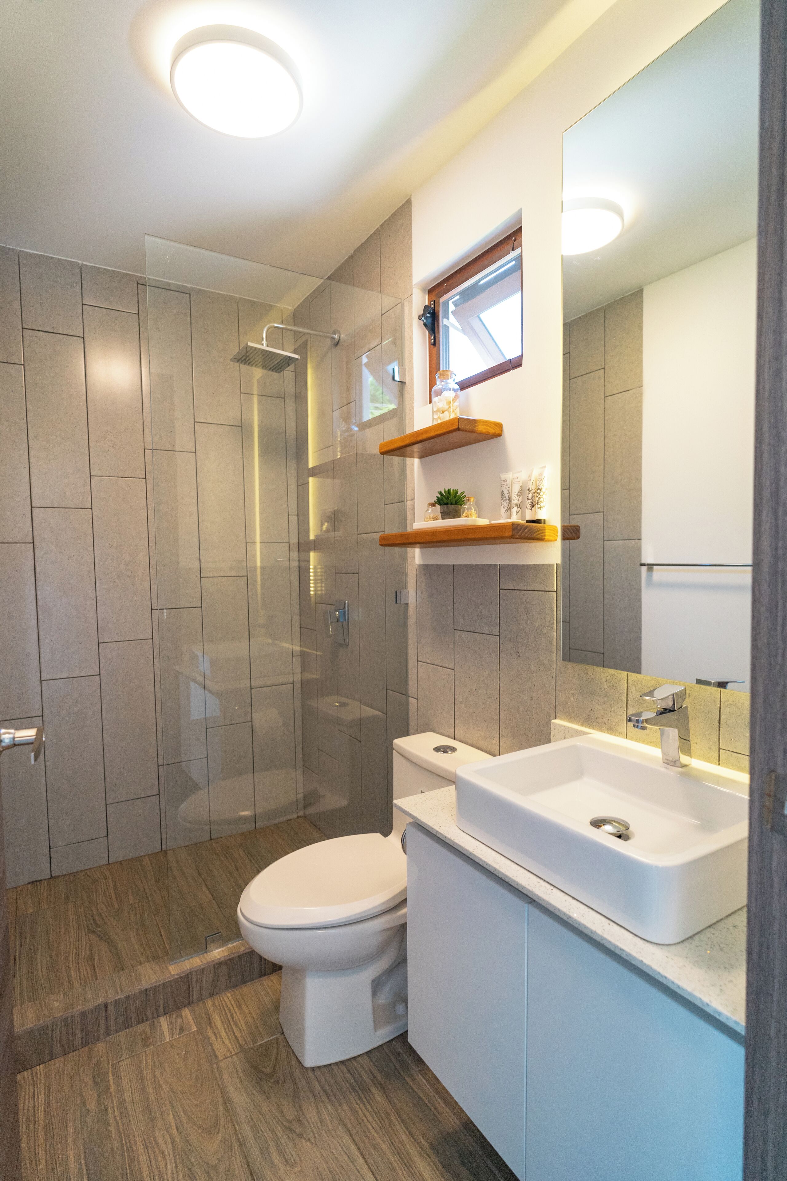 shower, rainfall showerhead, designer toiletries, hair dryer