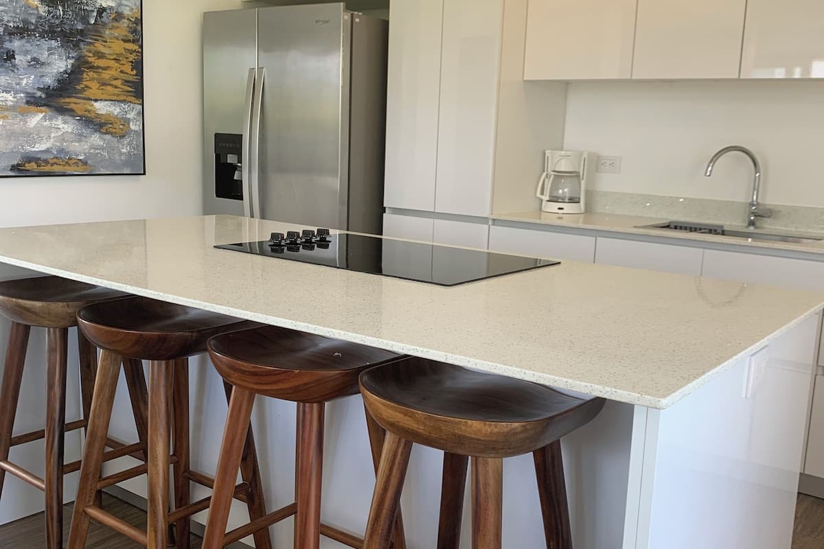 full-sized fridge, microwave, stovetop, coffee/tea maker