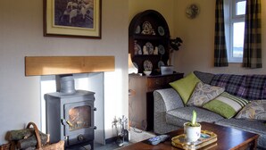 A cozy living room with a wood-burning stove, a sofa with patterned cushions, a coffee table with a remote control, and a decorative plate on the mantel.