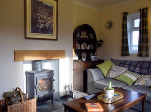 A cozy living room with a wood-burning stove, a sofa with patterned cushions, a coffee table with a remote control, and a decorative plate on the mantel.