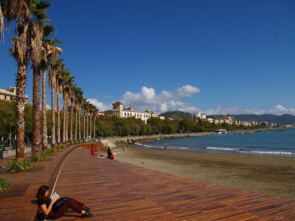 A wooden boardwalk along a beach with palm trees, a building in the background, and a clear blue sky.