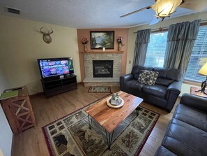 TV, fireplace, table football