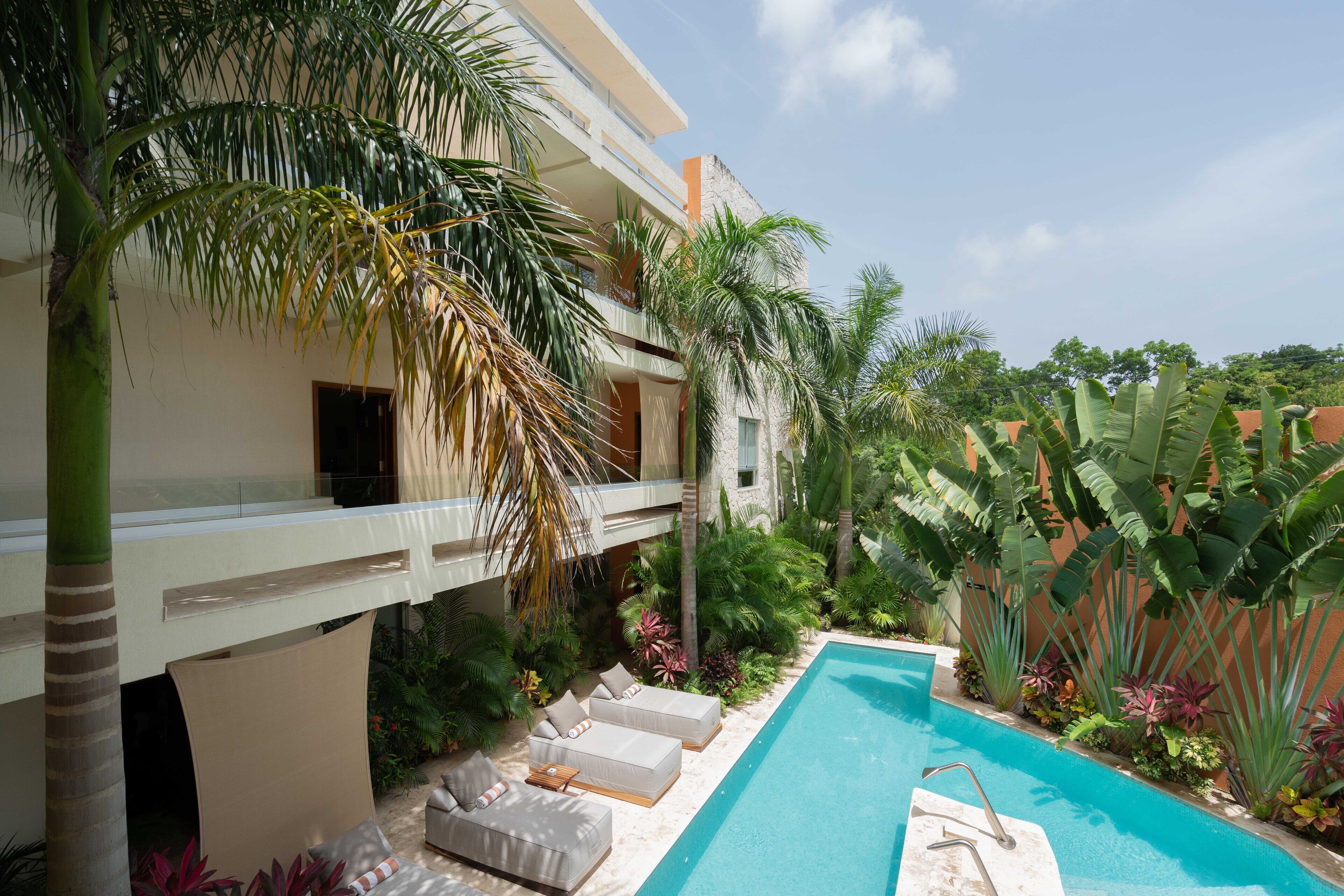 A modern building with a pool, surrounded by lush tropical plants and palm trees.
