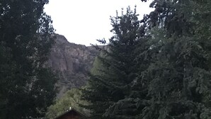 Un refugi amb façana de fusta i entrada il·luminada, envoltat per un bosc dens i un paisatge de muntanya.