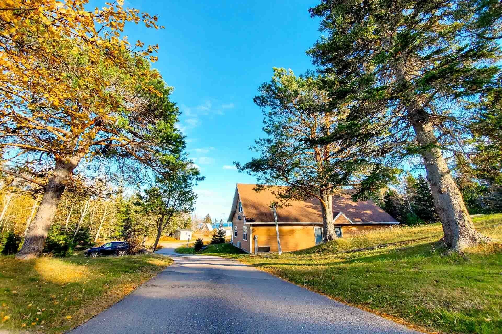 A rural road leading to a house with a garage, surrounded by trees and grass.