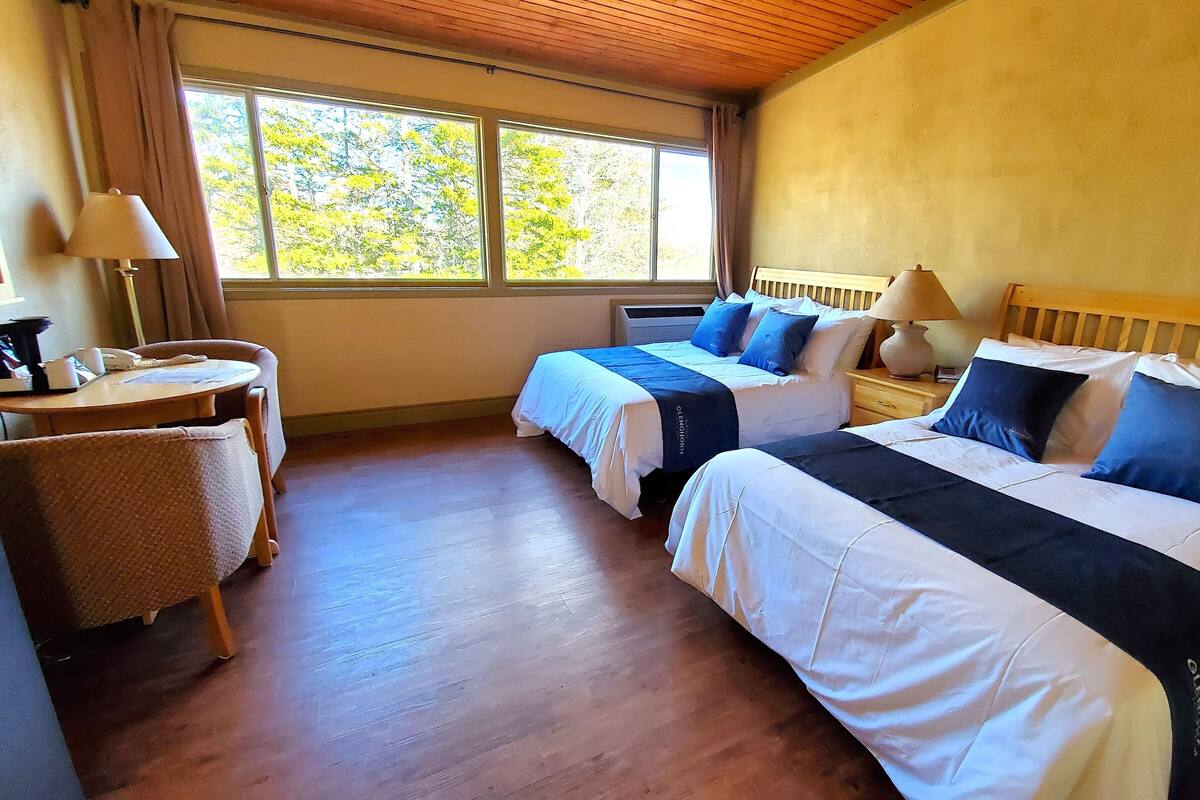A hotel room with two beds, a wooden ceiling, a window with curtains, a table with a lamp, and a chair.