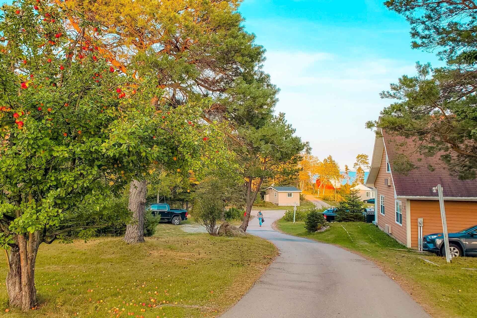 Une rue résidentielle bordée de maisons, un ciel dégagé et une personne qui marche.