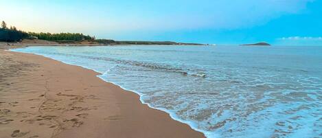A beach with a sandy shore and gentle waves.