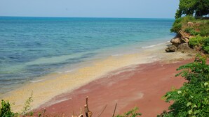 Uma praia com águas cristalinas, areia dourada e vegetação.