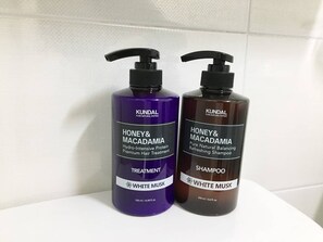 Hair dryer, soap, shampoo, toilet paper