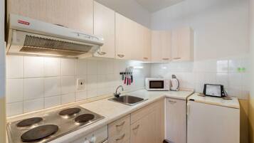 Fridge, microwave, toaster, cookware/dishes/utensils