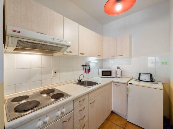 Fridge, microwave, toaster, cookware/dishes/utensils
