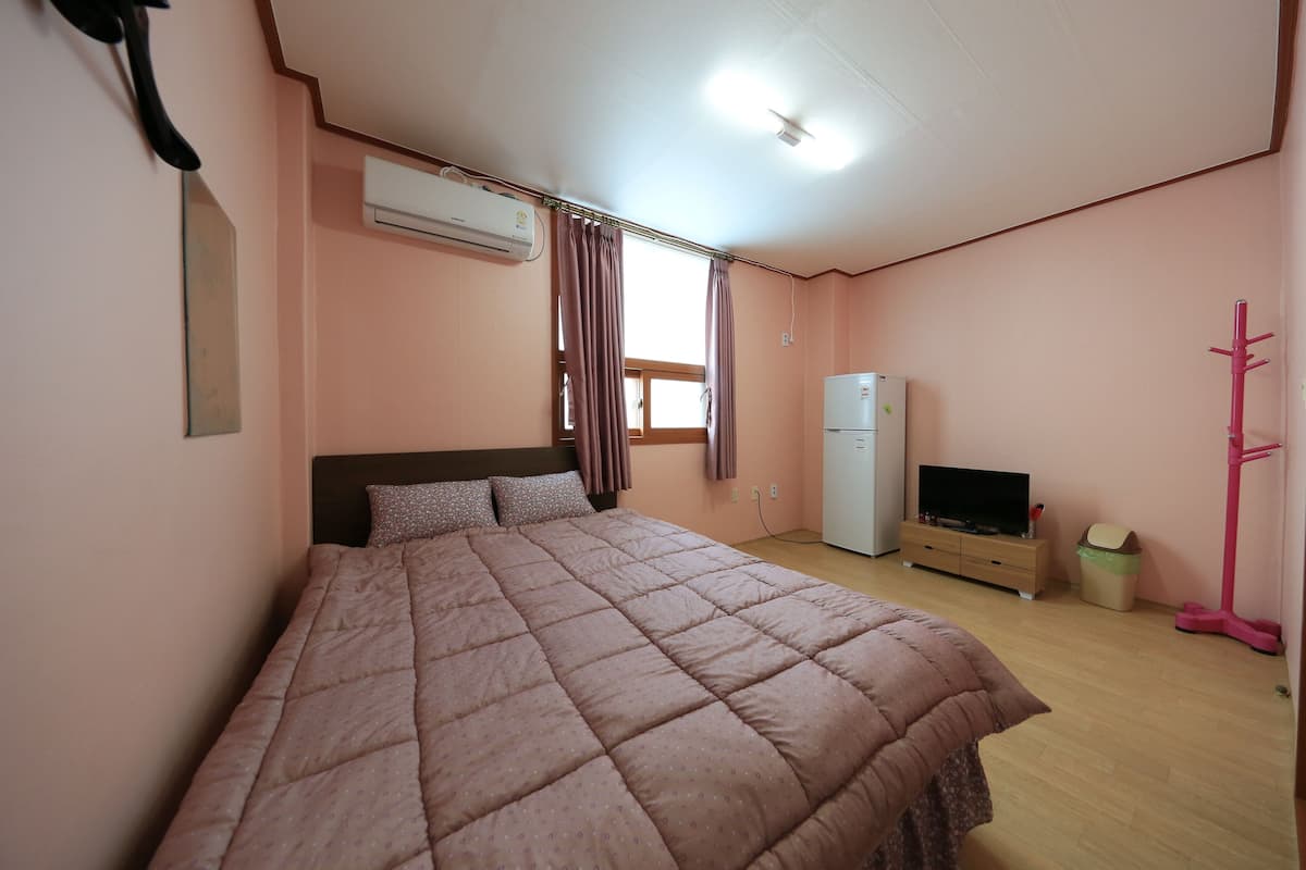 Un dormitorio con cama, televisor, armario y aire acondicionado.