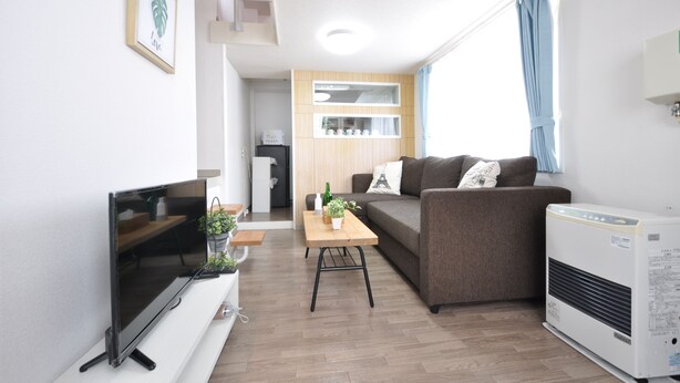 Una sala de estar moderna con un televisor de pantalla plana, un sofá, una mesa de centro con plantas y un aire acondicionado instalado en la pared.