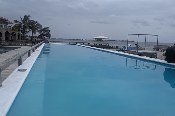 Una piscina al aire libre, camas de piscina gratis
