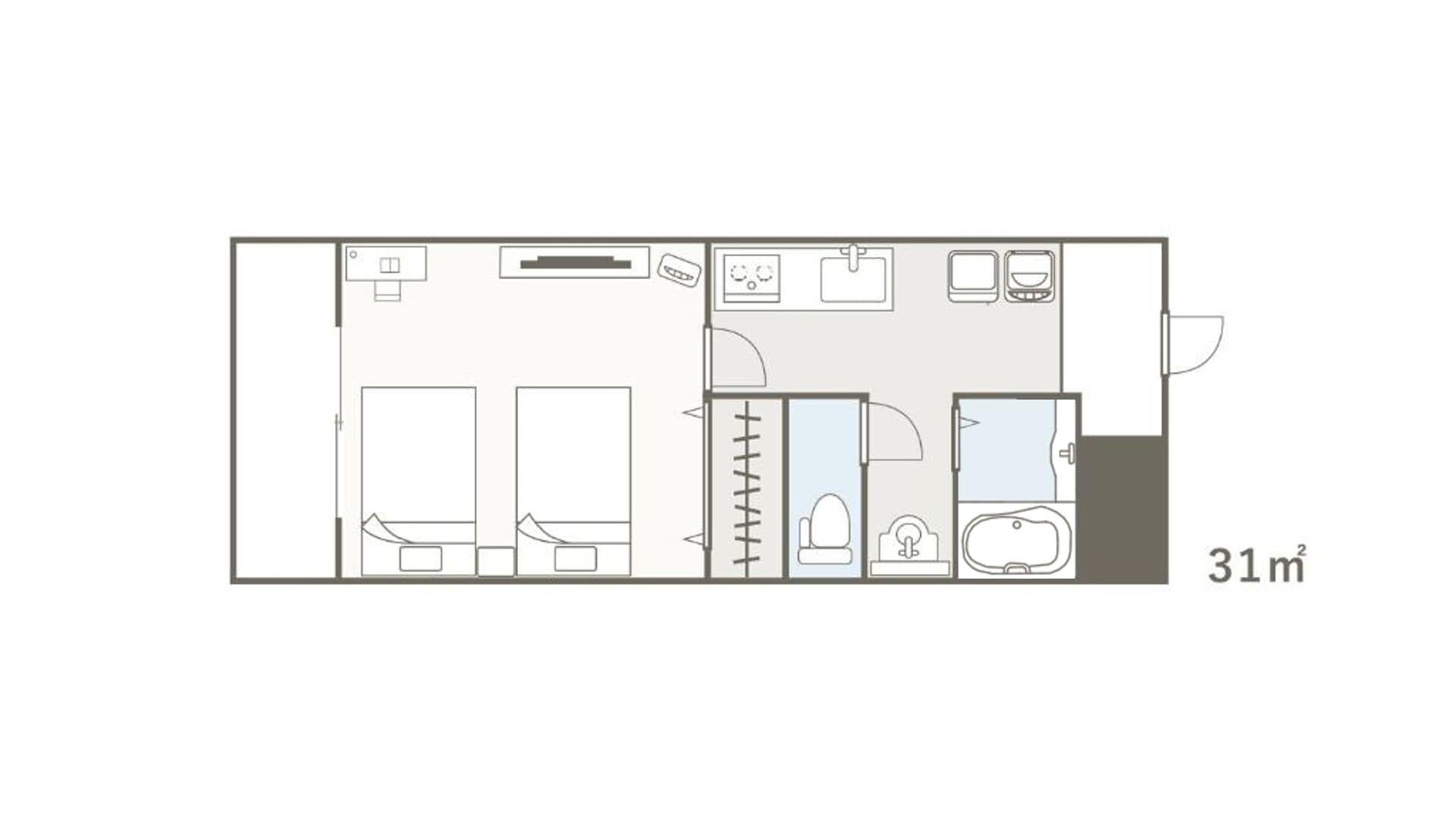 Pianta dell'arredamento di una camera d'albergo, con un letto, un bagno, un angolo cottura e una zona doccia.