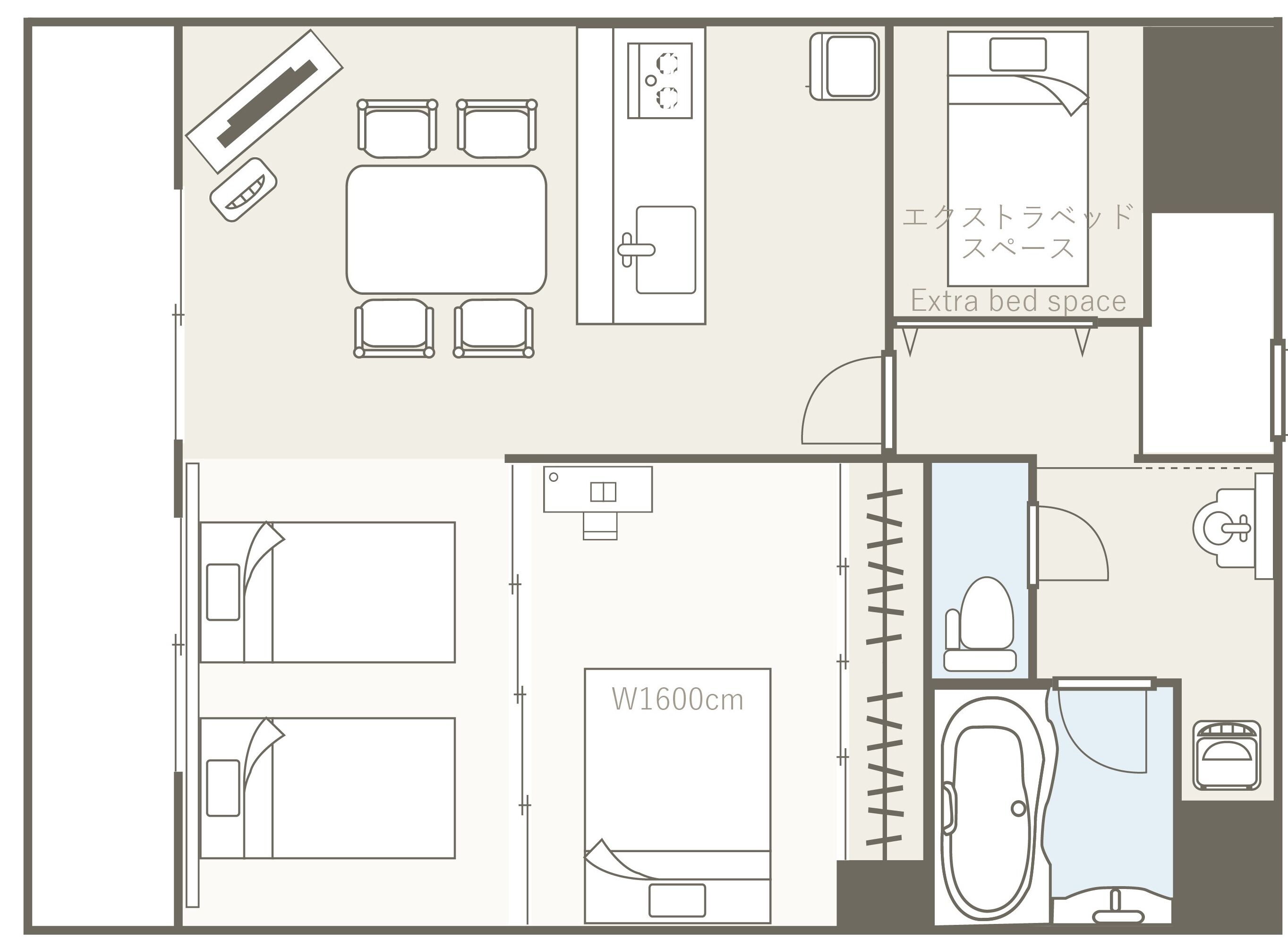 A hotel room layout with a bed, a bathroom, a kitchenette, and a small sitting area.
