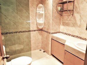 A bathroom with a toilet, a shower, and a sink.