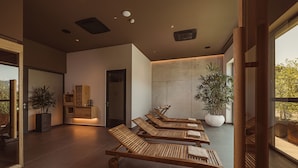 A modern spa area with wooden loungers, potted plants, and a large window providing a view of the outdoors. - Hotel Grof (Vransko)