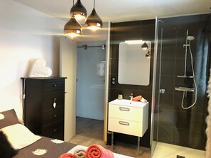 Shower, hair dryer, towels