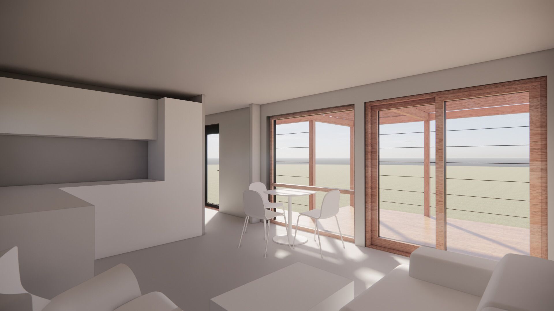 A modern living room with a balcony, white furniture, and large windows.