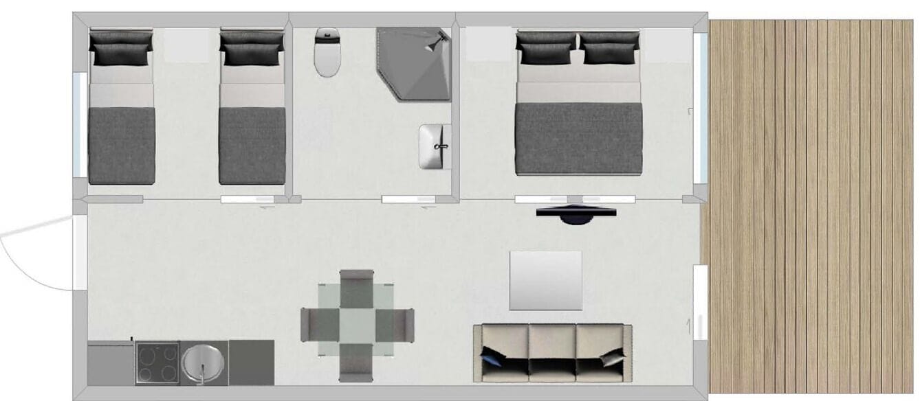 Indeling van een hotelkamer met twee bedden, een bureau, een stoel, een klein tafeltje, een bank, een televisie en een badkamer.