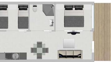 Indeling van een hotelkamer met twee bedden, een bureau, een stoel, een klein tafeltje, een bank, een televisie en een badkamer.