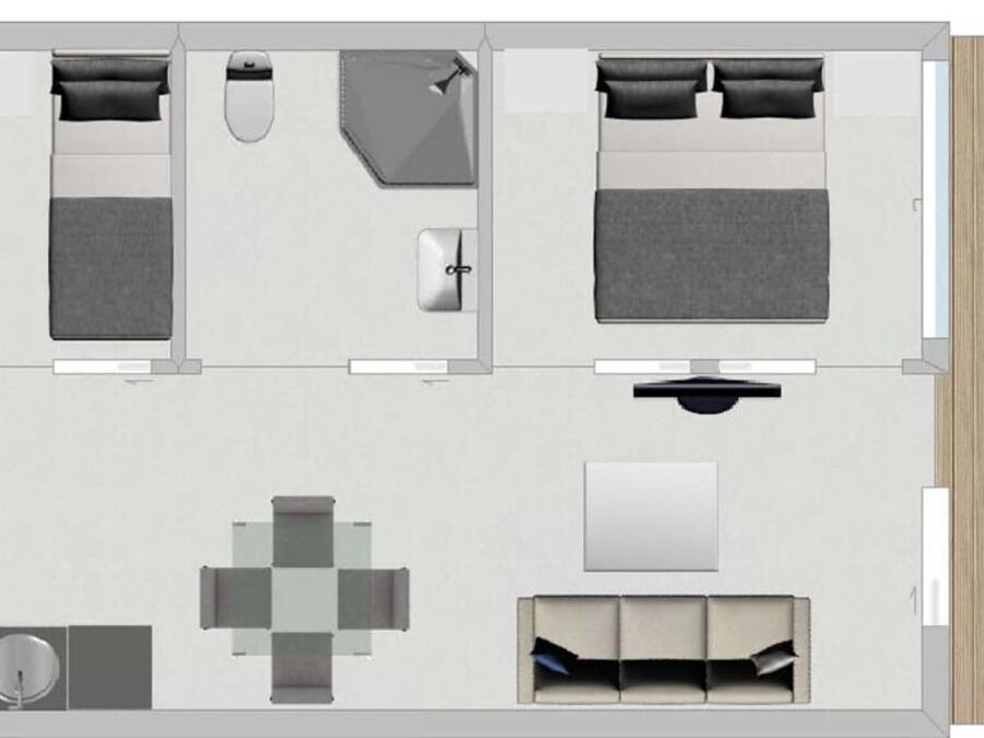 Indeling van een hotelkamer met twee bedden, een bureau, een stoel, een klein tafeltje, een bank, een televisie en een badkamer.