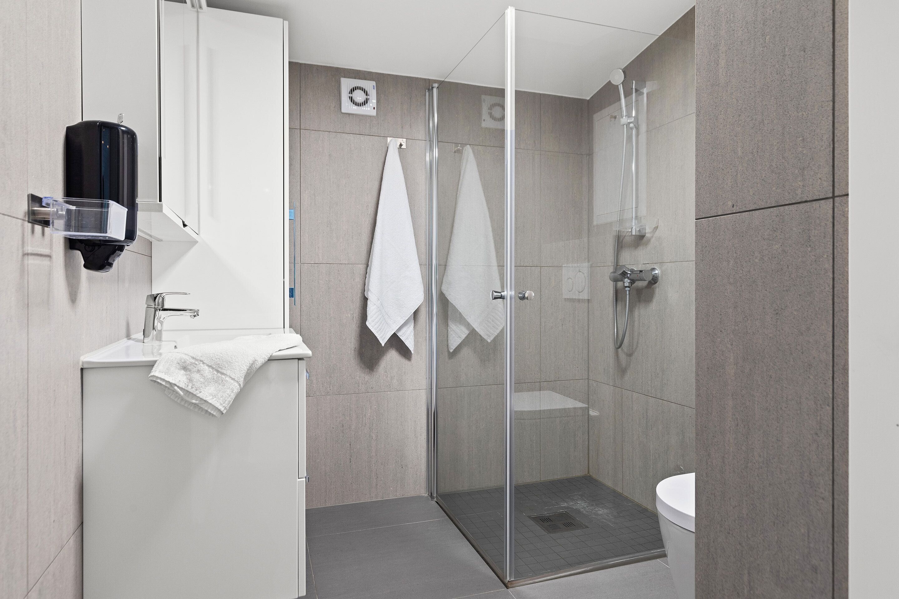Une salle de bain moderne avec une douche à parois de verre, un lavabo blanc et des toilettes.