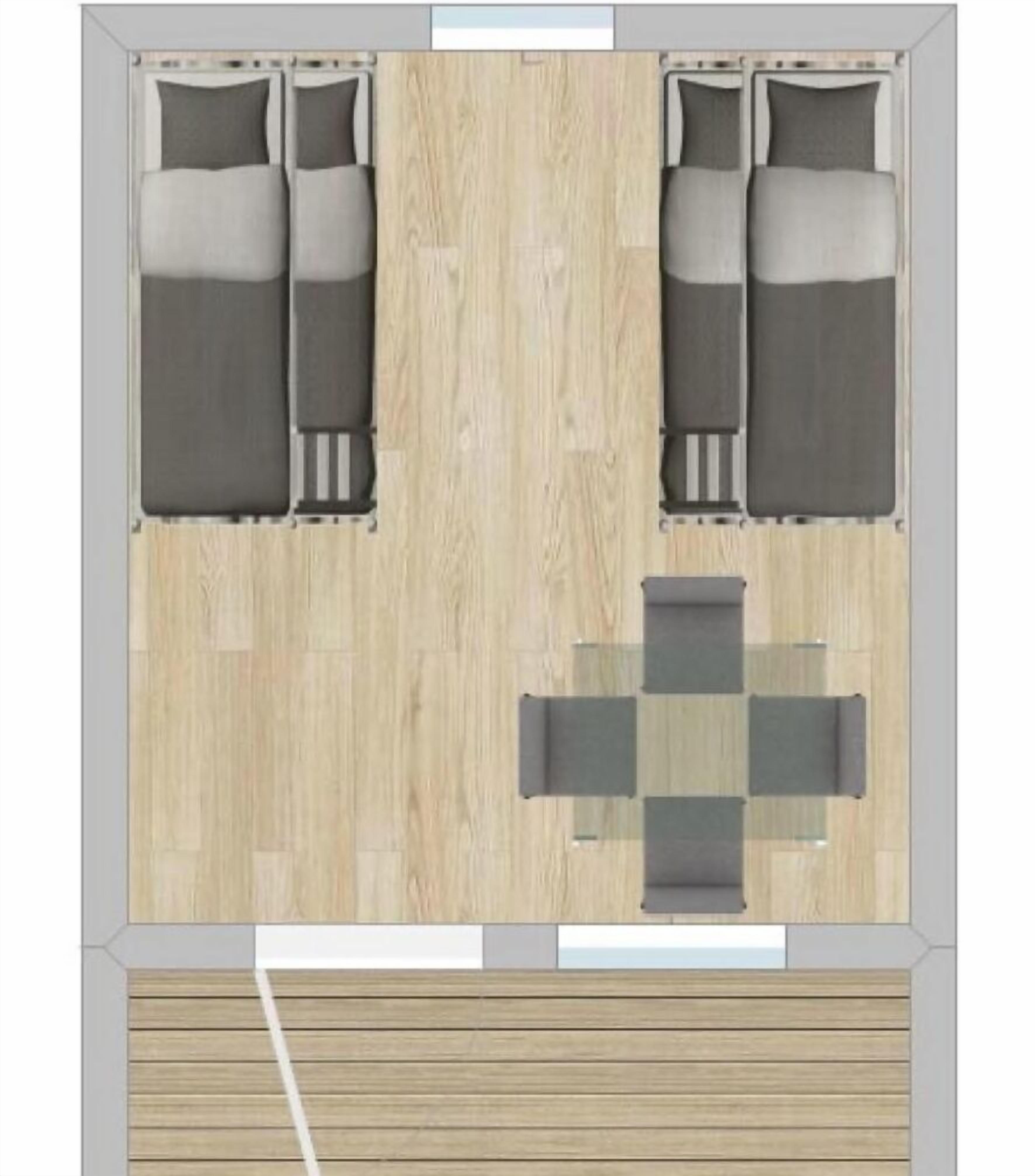 A hotel room layout with two beds, a dining table, and a seating area.