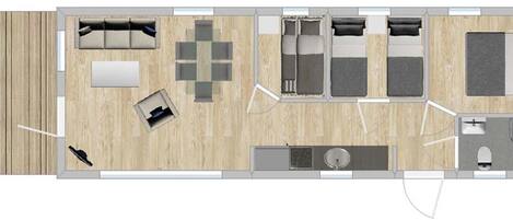 A hotel room layout with a living area, a dining area, a kitchen, a bathroom, and a small balcony.