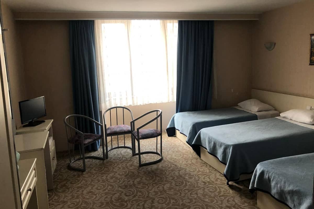 Habitación de hotel con dos camas, un escritorio con televisor y una silla.