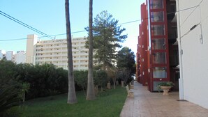 Un camino que lleva a un edificio rojo con fachada blanca, rodeado de follaje y un cielo despejado.