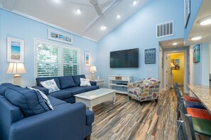 Flat-screen TV, DVD player, books, music library