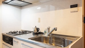 A modern kitchen with stainless steel appliances, a double sink, and a kettle. - Temple Hotel Shoden-ji (Tokyo)
