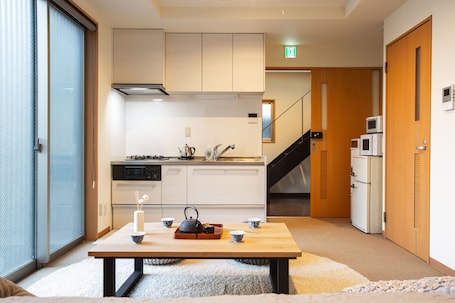 Mini-fridge, microwave, stovetop, electric kettle