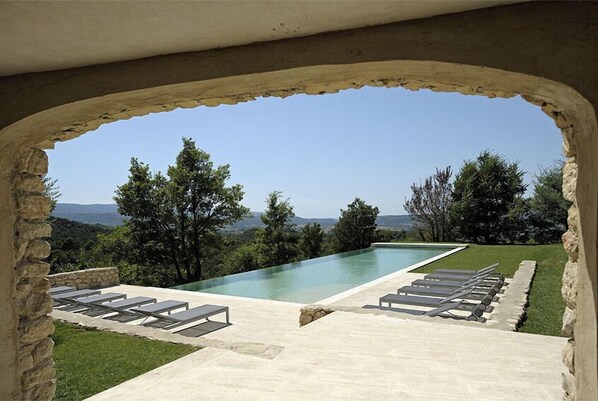 Seasonal outdoor pool, pool loungers