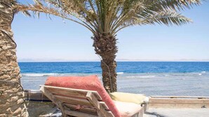A wooden lounge chair with cushions, a palm tree, and a view of the sea. - Penguin Village Dahab (Dahab)