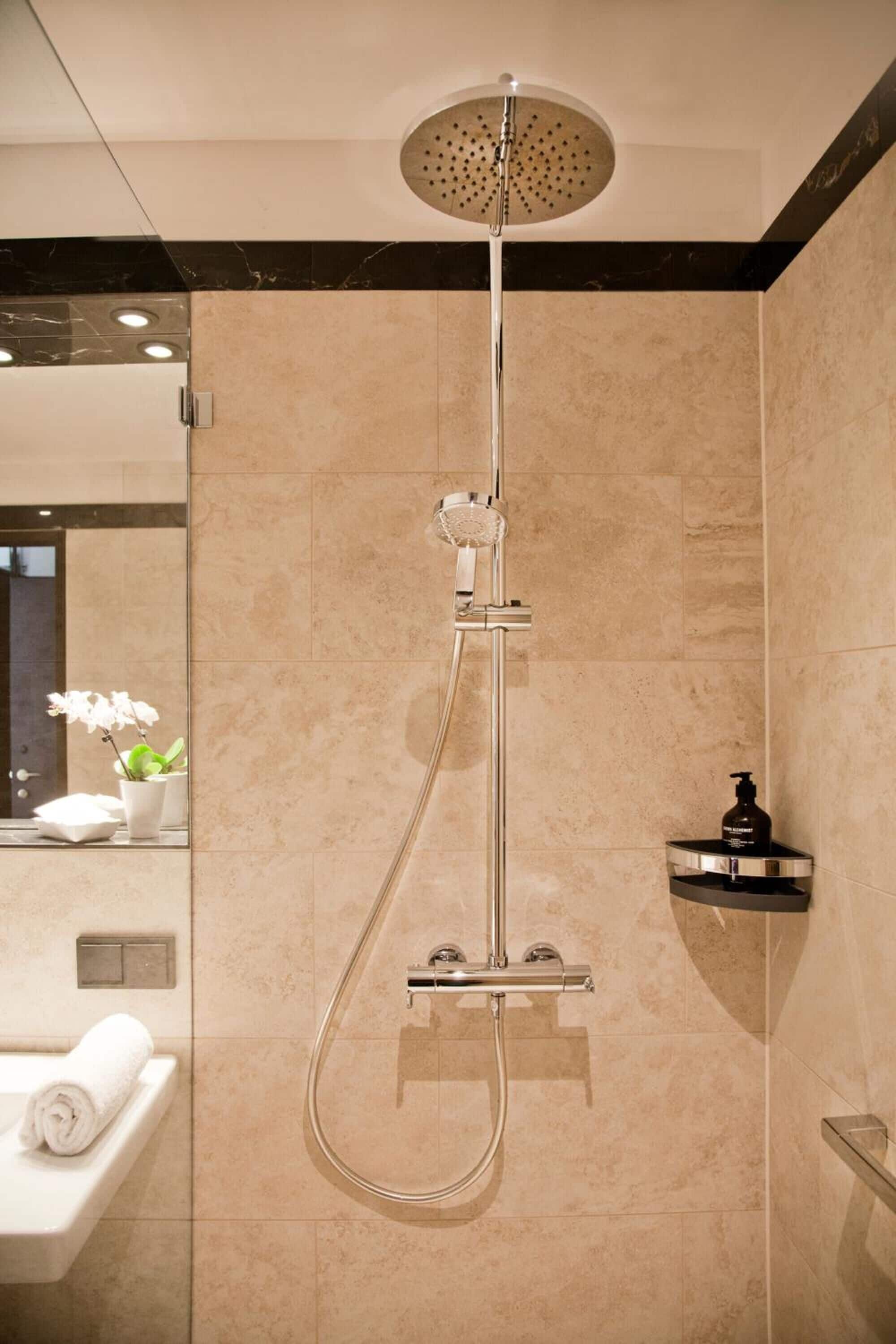 A modern bathroom with a shower, a sink, and a mirror.
