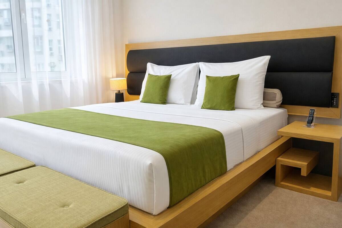 A hotel room with a bed, bedside tables, a lamp, and a window with curtains.