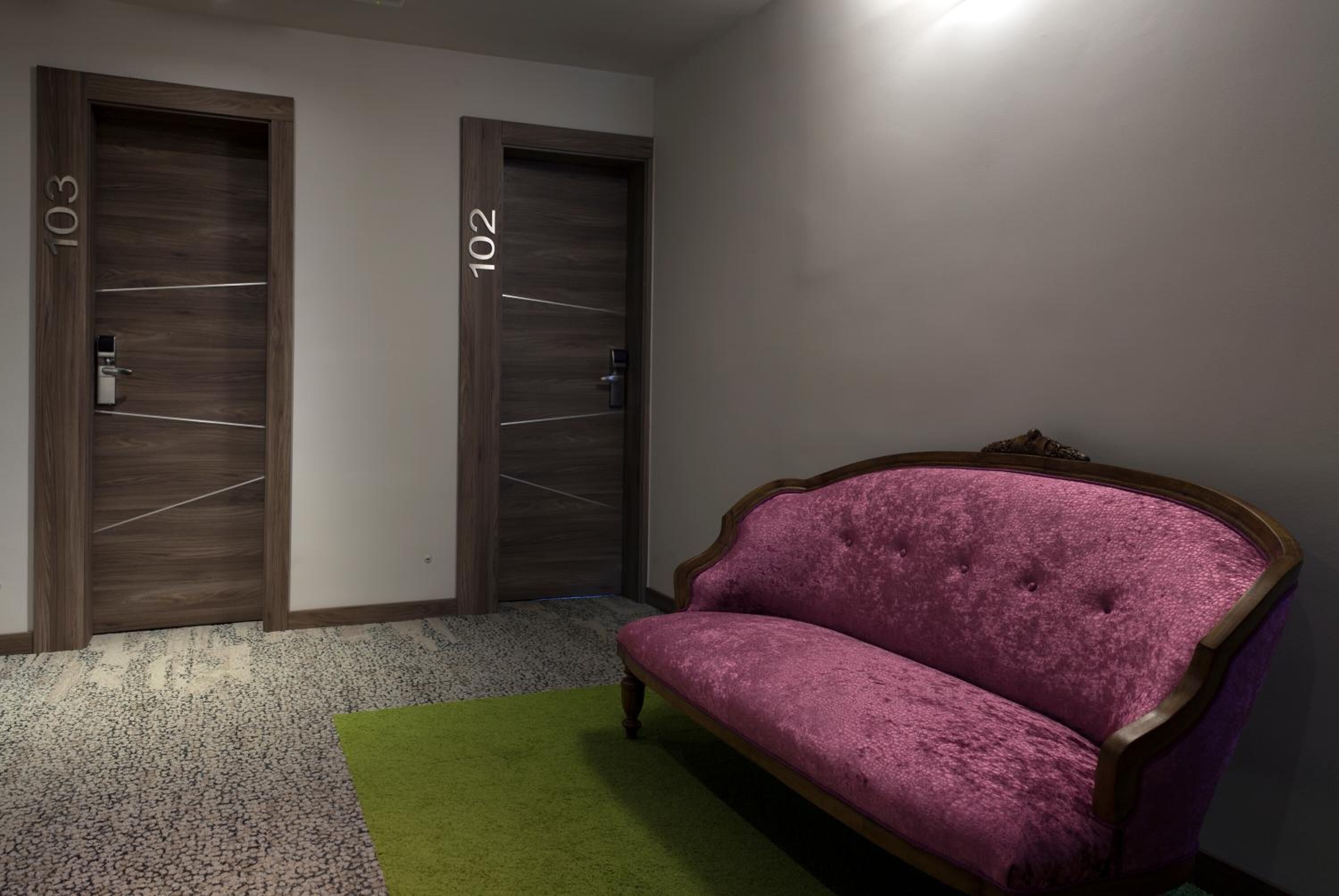 A room with two doors labeled 103 and 102, a purple sofa, and a green rug.