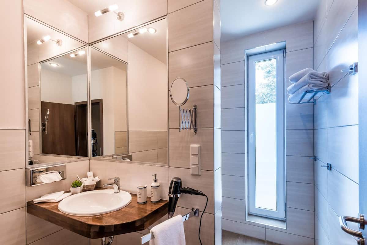 shower, free toiletries, hair dryer, towels