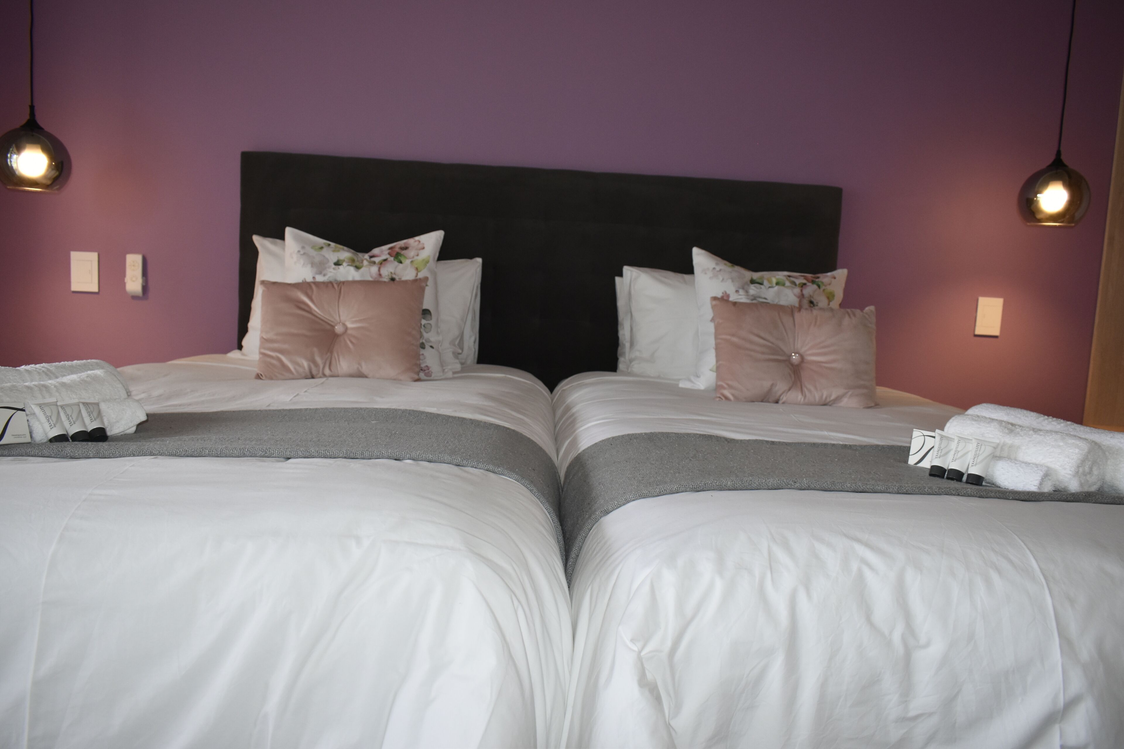 A double room with two beds, each with white bedding and decorative pillows. There are two pendant lights hanging above the beds.