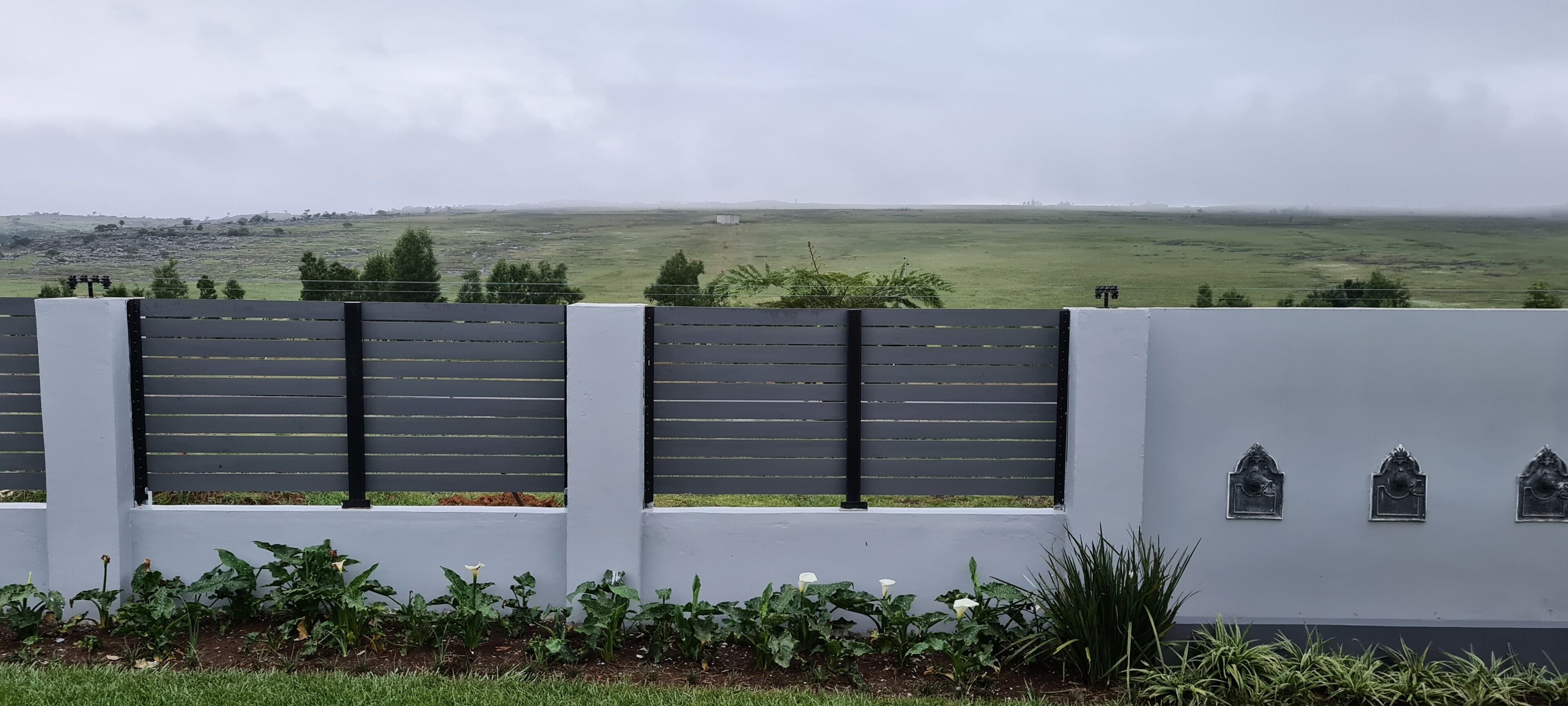 Paredes brancas com três janelas emolduradas a preto e uma fileira de plantas em frente.