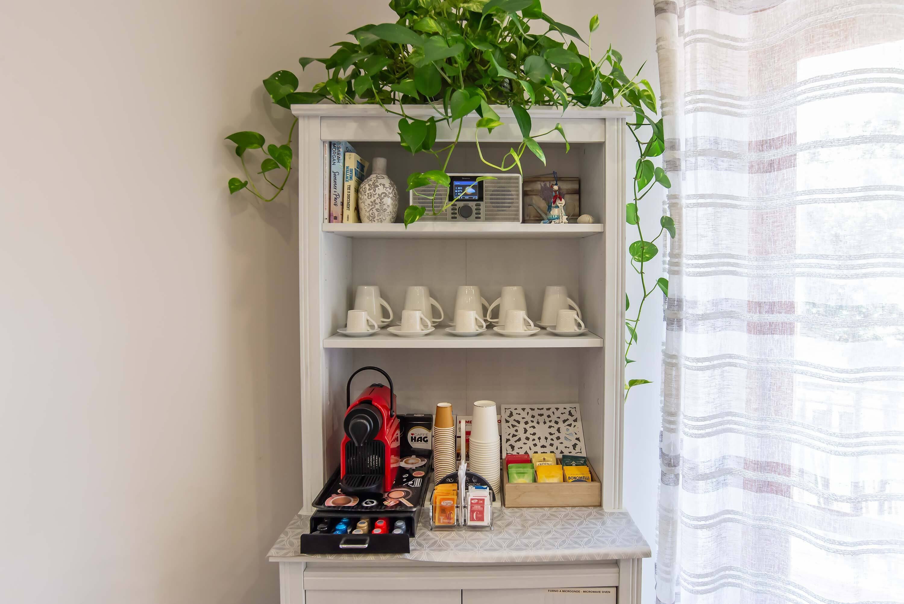 Une étagère blanche avec une radio, des livres et une plante.