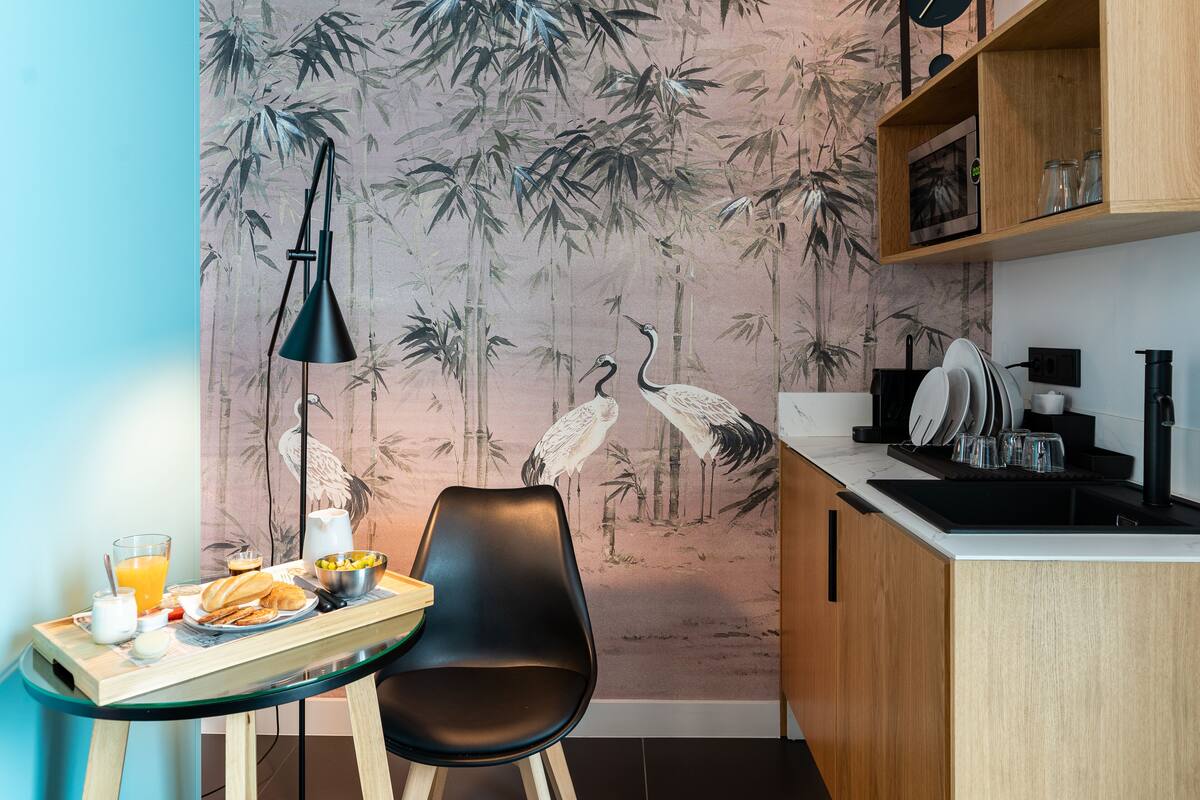 comfort room | private kitchen | full-sized fridge, microwave, coffee/tea maker, cookware/dishes/utensils