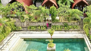 Outdoor pool, pool umbrellas, pool loungers