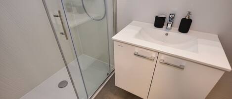 A modern bathroom with a glass shower enclosure, a white sink with a mirror, and a small shelf above the sink.